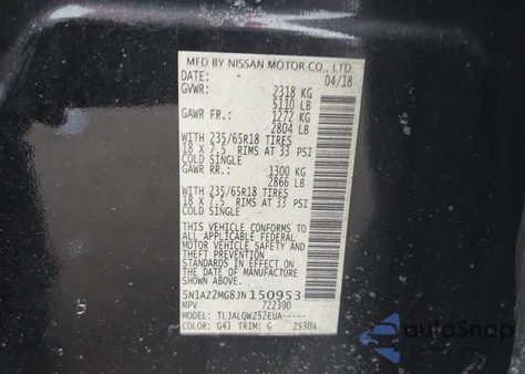 2018 Nissan Murano Sv z USA, uszkodzony, nr VIN 5N1AZ2MG8JN150953